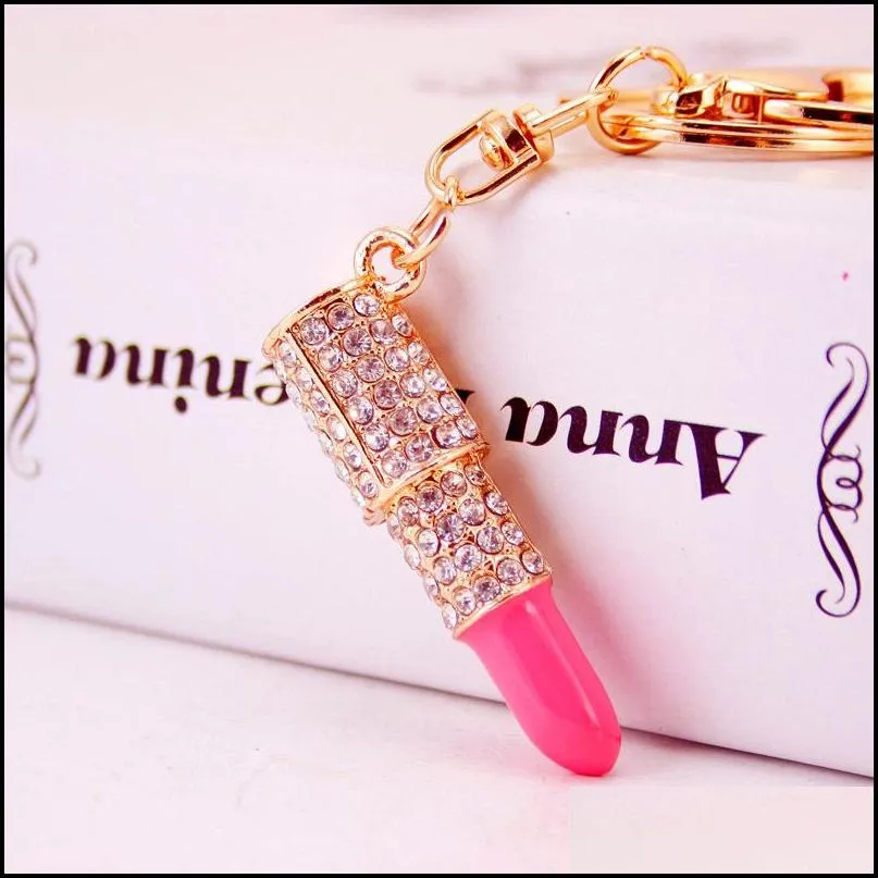 charm crystal keychain lipstick key holder rhinestone keyring red rose pendant car ornament accessories 5 styles