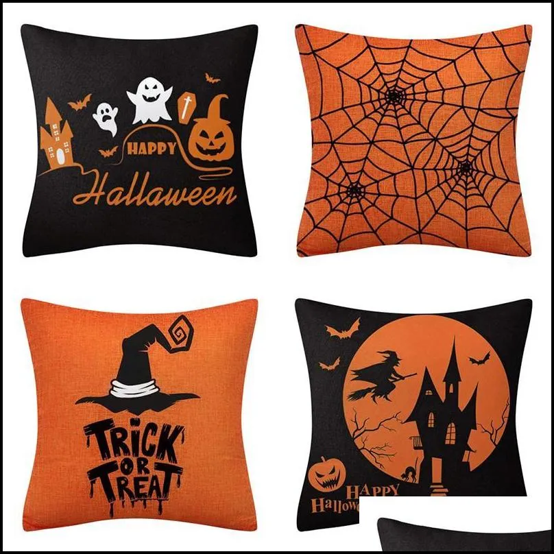 pillow case halloween theme living room sofa decorative cushion cover square linen throw castle orange horror style