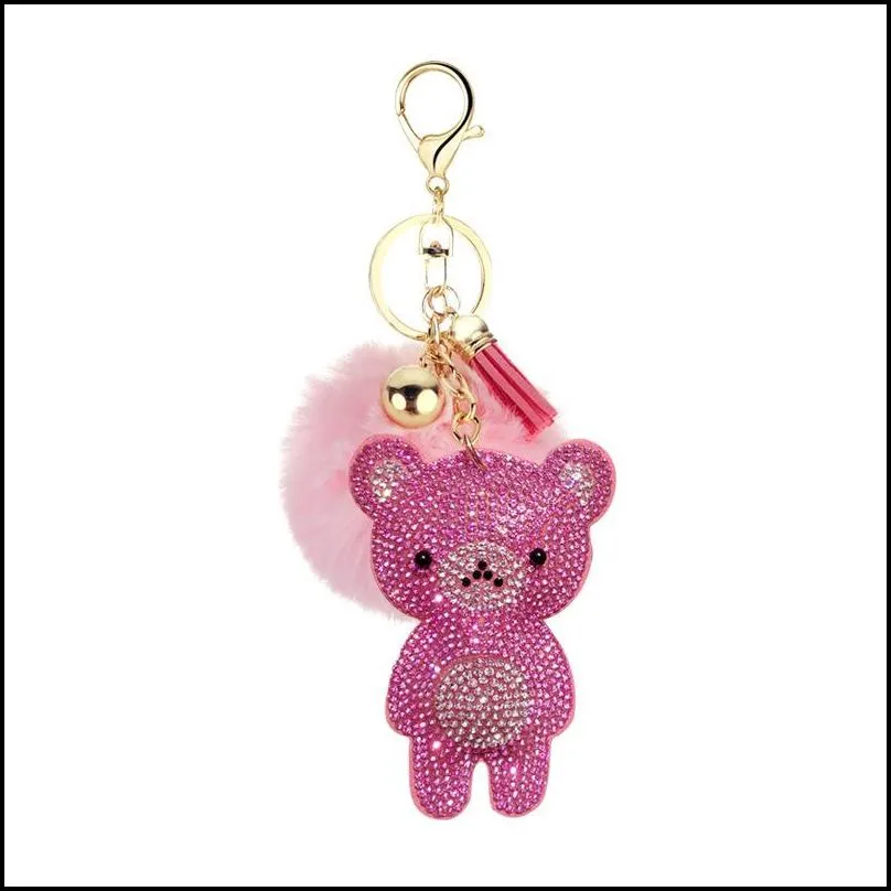 korean velvet rhinestone cute bear fur ball key ring pendant pompon jewelry bag hanging accessories 12 styles