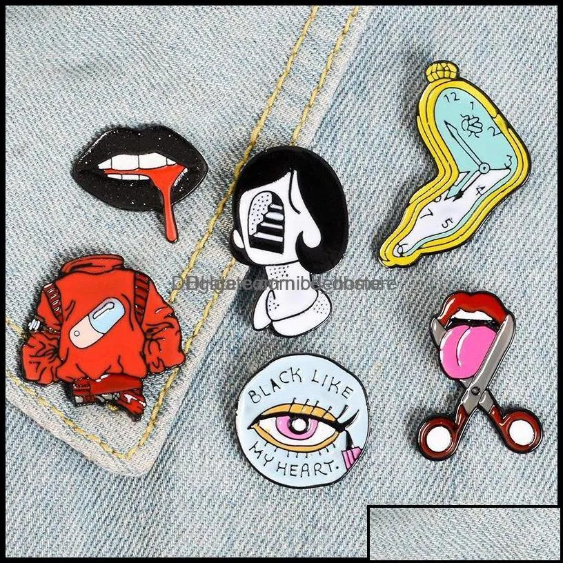 PinsBrooches Jewelry Vintage Punk Style Lips Clock Metal Kawaii Enamel Pin Badge Buttons Brooch Shirt Denim Jacket Bag Decorative Br