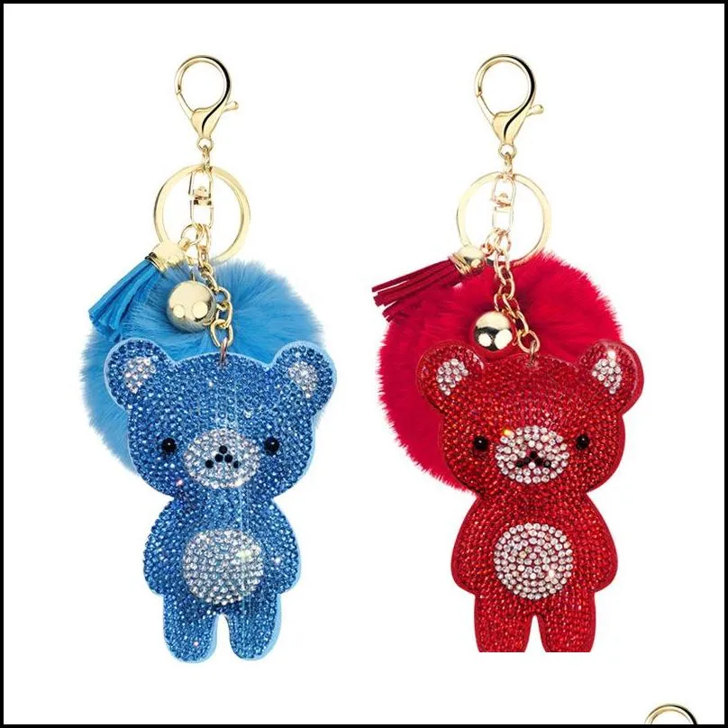 korean velvet rhinestone cute bear fur ball key ring pendant pompon jewelry bag hanging accessories 12 styles