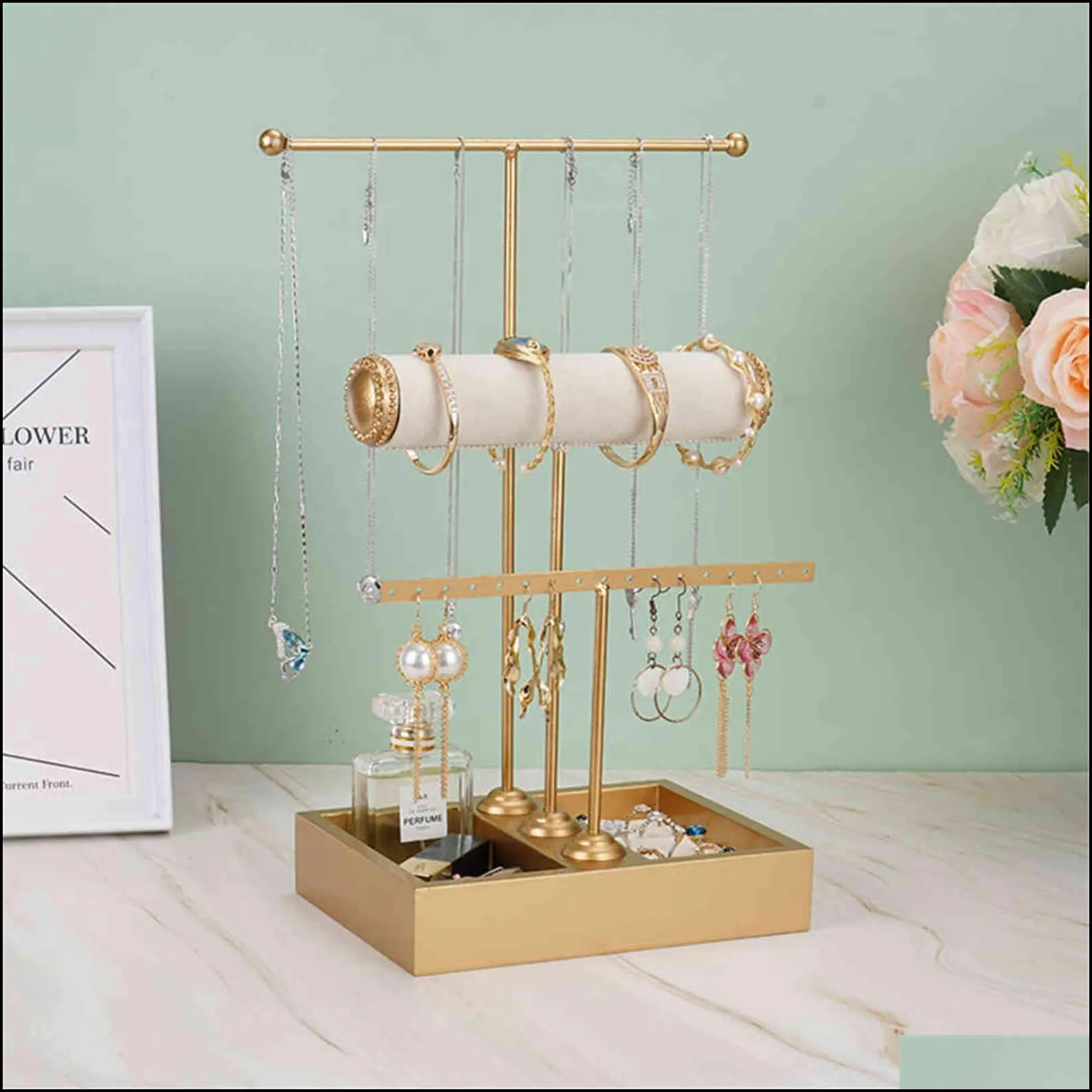 golden metal tshaped bracelet ring earring organizer jewelry holder stand necklace display rack with storage box base 211102