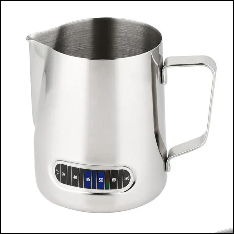 600ml milk coffee frothing pitcher cup kitchen flower craft with thermometer pull stainless stee jug 220509