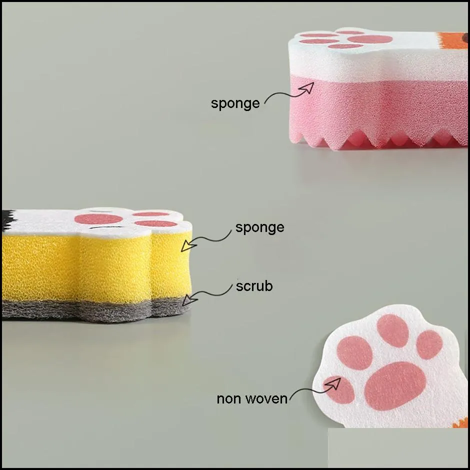3pcs kitchen scrub sponge cute cat paw shape non scratch dishwashing heavy duty pad for cleaning dish ber 220926