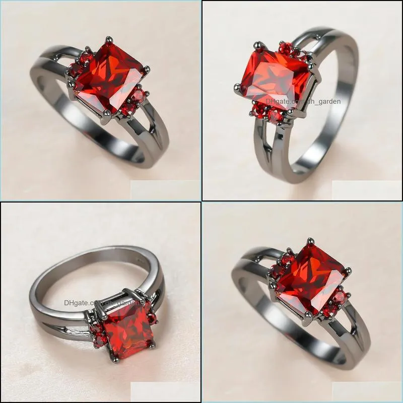 wedding rings trendy female red crystal stone charm 14kt black gold for women cute bride square zircon engagement ringwedding brit22