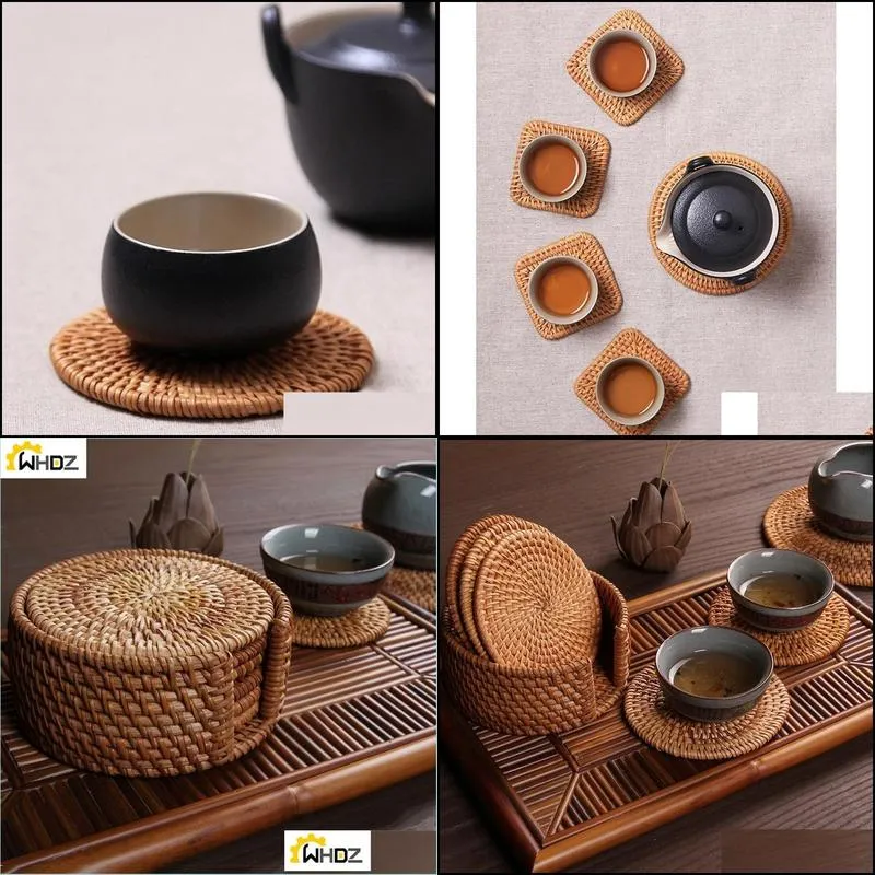 6pcs drink coasters set for kungfu tea accessories round tableware placemat dish mat rattan weave cup pad diameter 8cm 220627