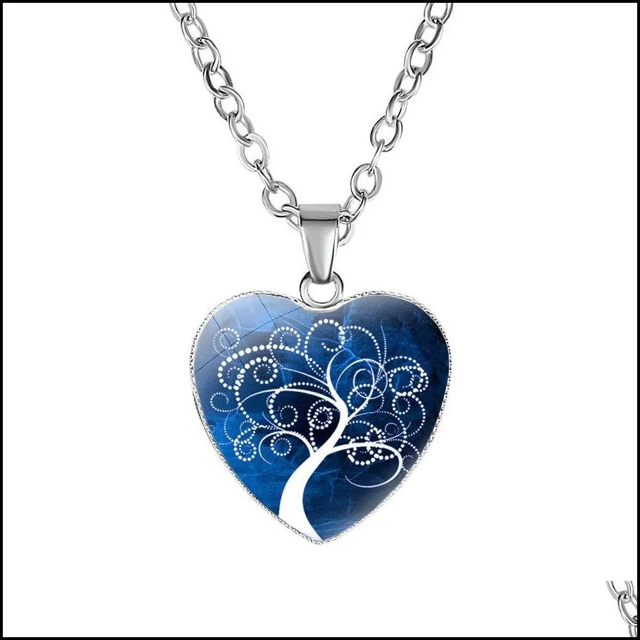 new tree of life necklaces for women glass cabochon heart shape plant pendant silver chains fashion jewelry gift