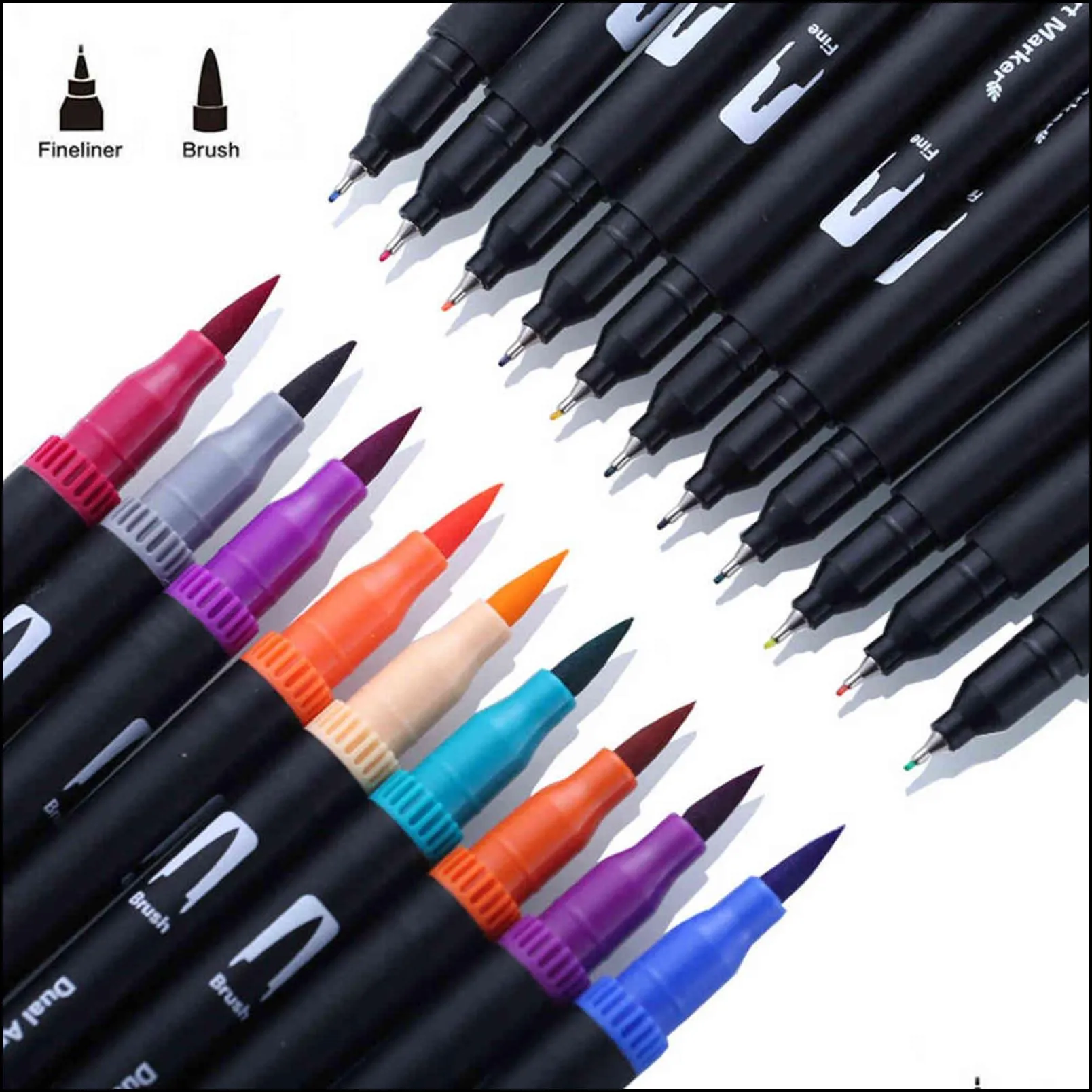 24/60 colorurs fineliner tip drawing markers dual art marker watercolor brush lettering pen for coloring books manga 211104