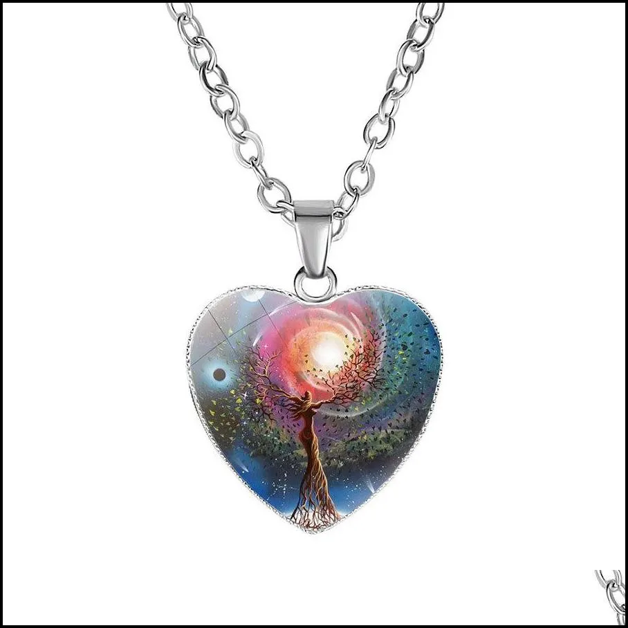 new tree of life necklaces for women glass cabochon heart shape plant pendant silver chains fashion jewelry gift