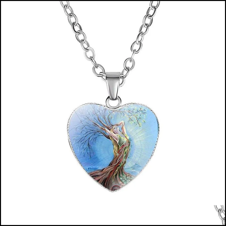 new tree of life necklaces for women glass cabochon heart shape plant pendant silver chains fashion jewelry gift