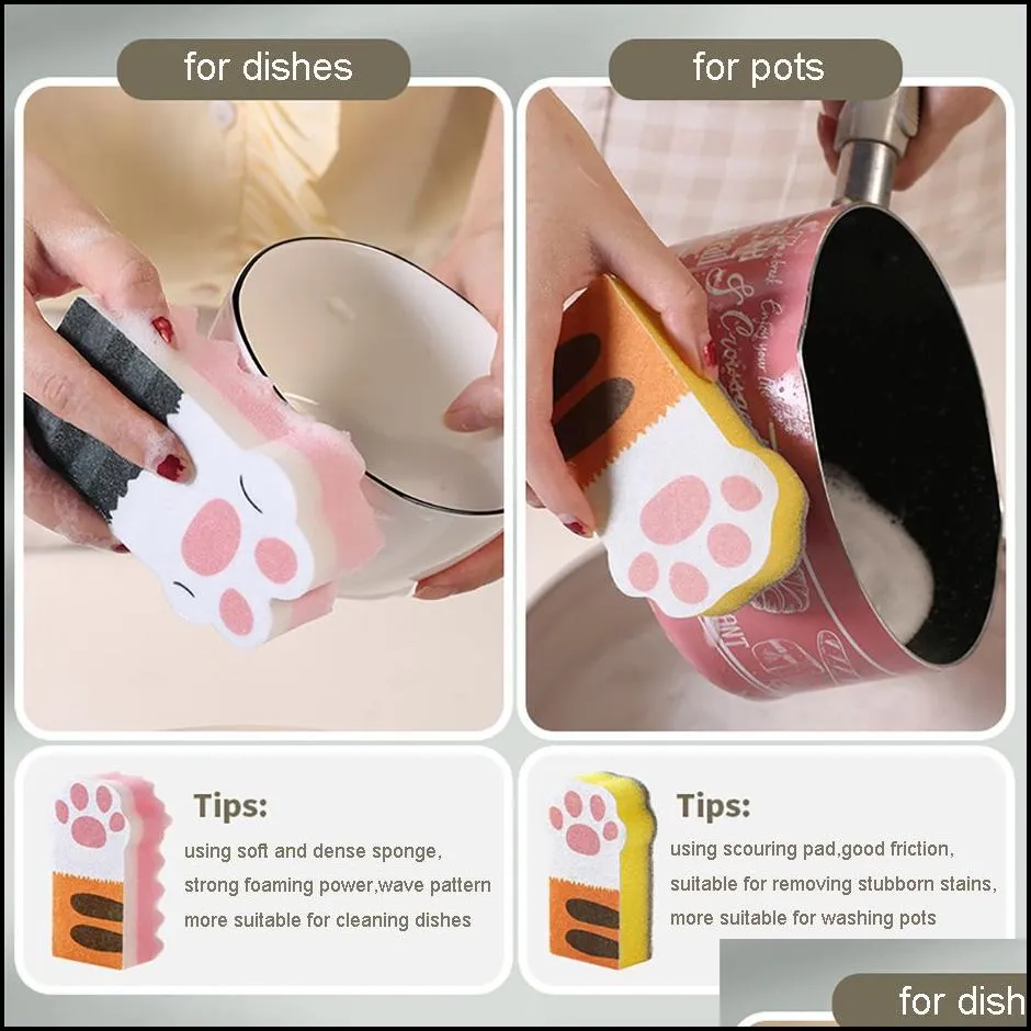3pcs kitchen scrub sponge cute cat paw shape non scratch dishwashing heavy duty pad for cleaning dish ber 220926