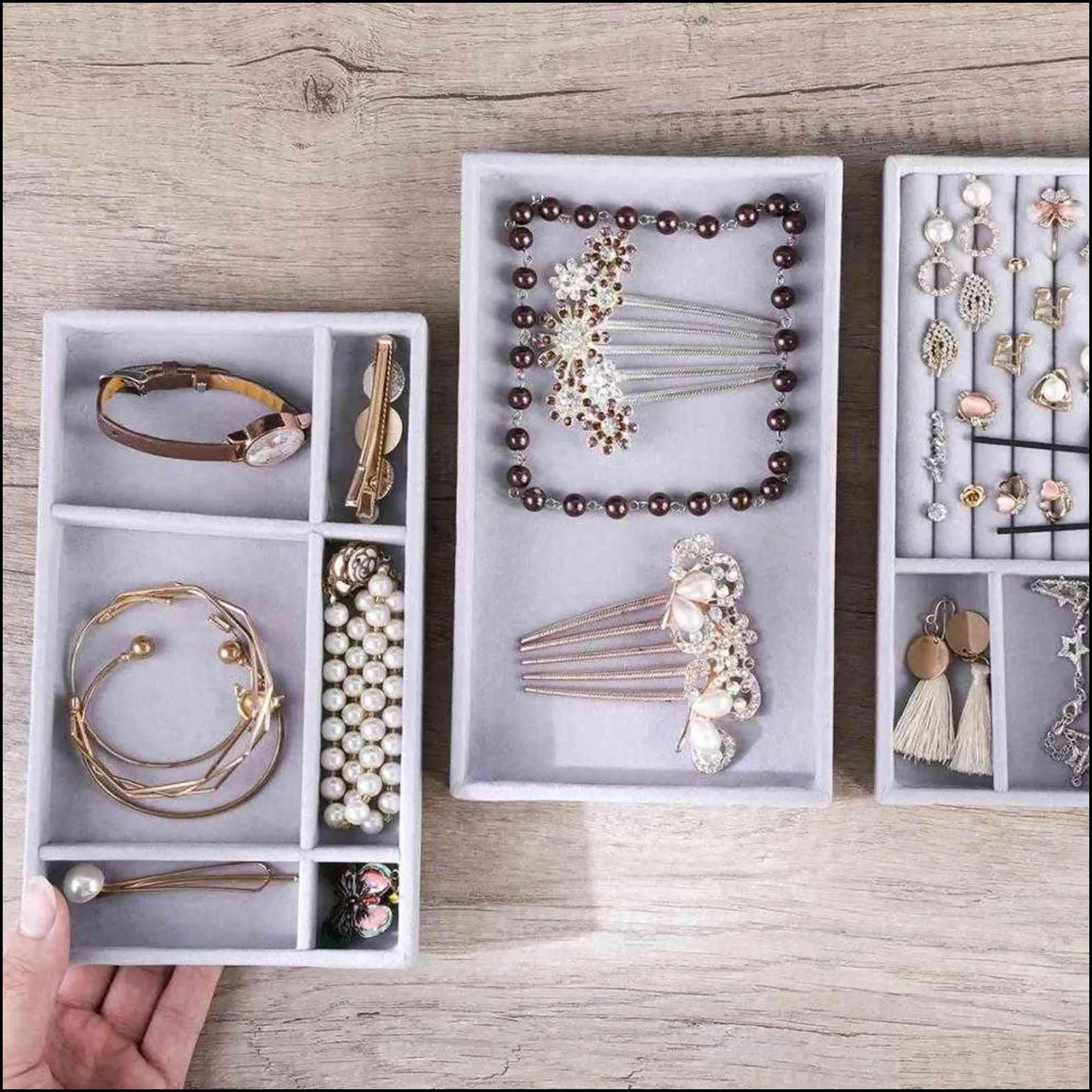 4pcs/lot jewelry organizer velvet storage tray display ring bracelet necklace box showcase drawer 211102