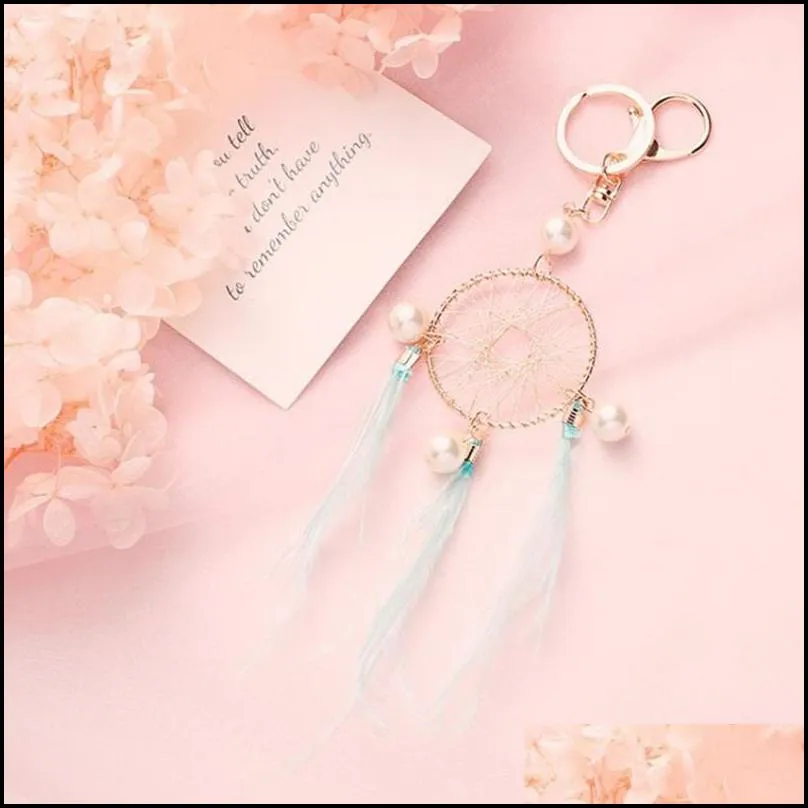 dhs pearl feather key chains holder dreamcatcher pendants car keychain keyrings for girls women bag hanging fashion charm key rings