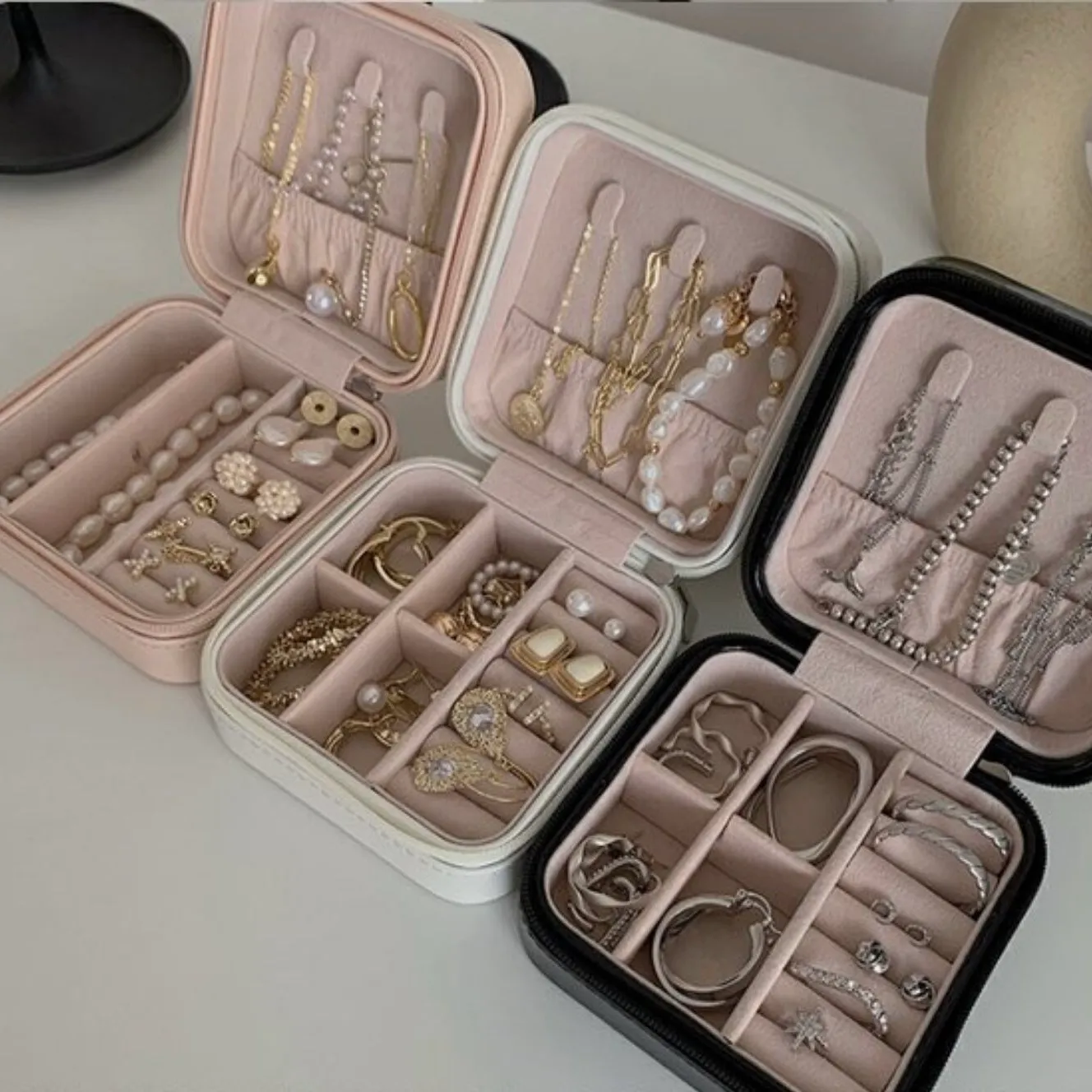 jewelry storage box pu leather jewelry display organizer zipper case travel makeup bag earring holder jewelry boxes 10x10x