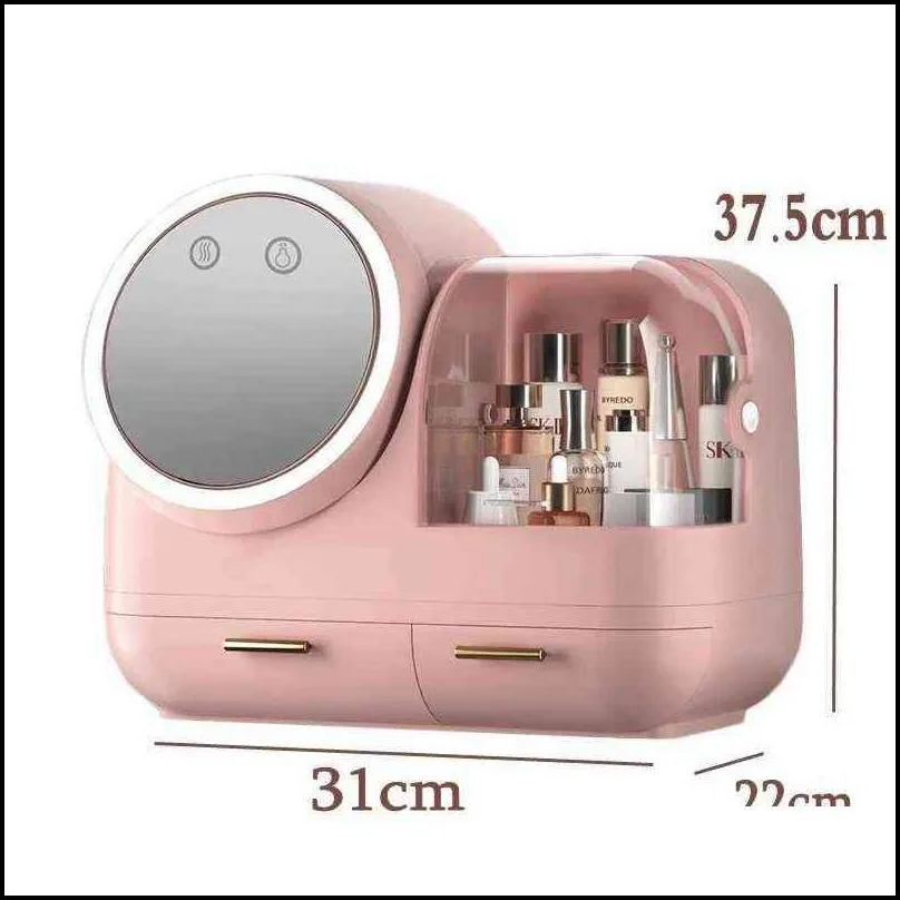 high quality makeup storage case led light with fan make up organizer drawer desktop skincare lipstick cosmetic beauty box 211102
