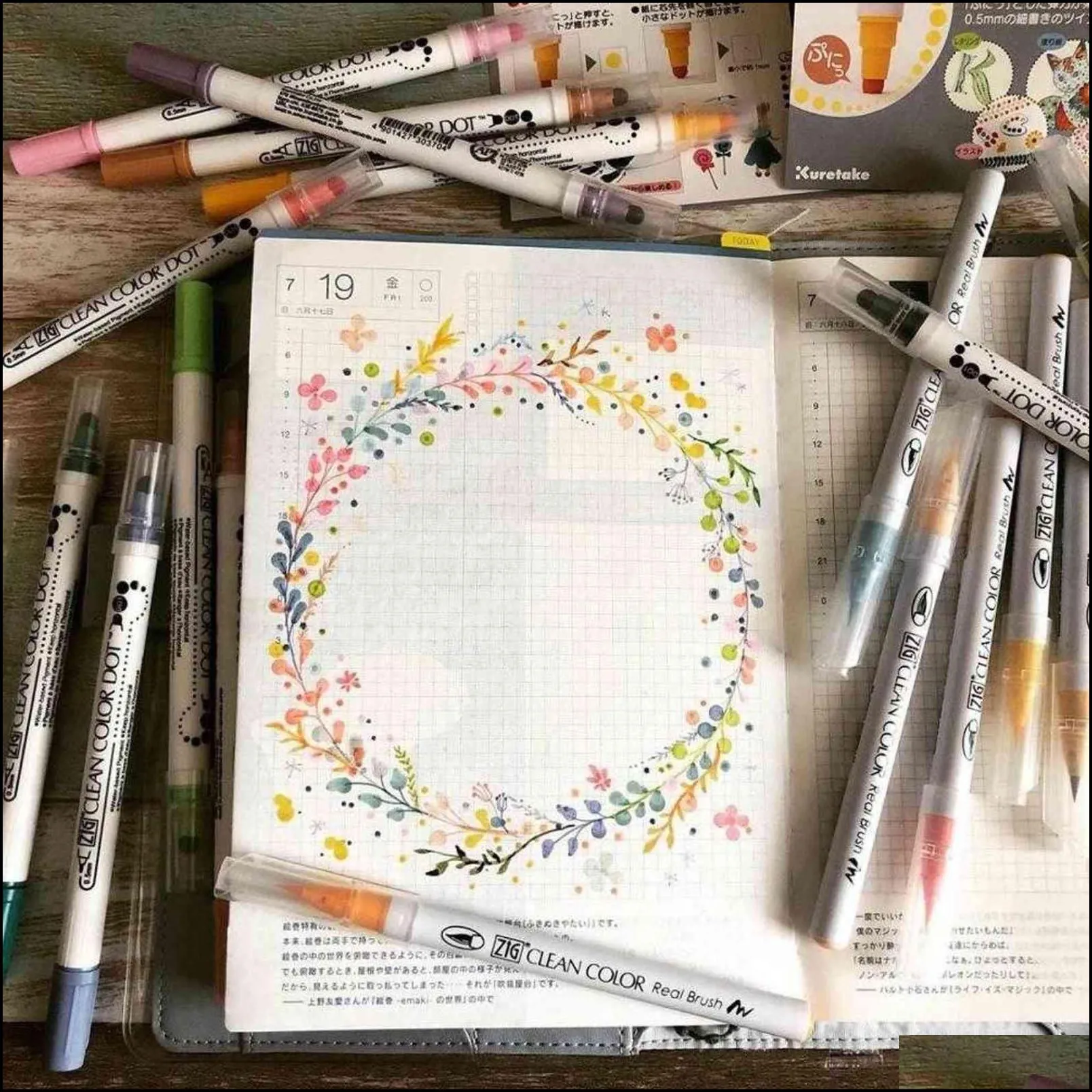 4/6/12colors/set japan kuretake zig double head round dot watercolor pen journal marker painting art stationery supplies 211104