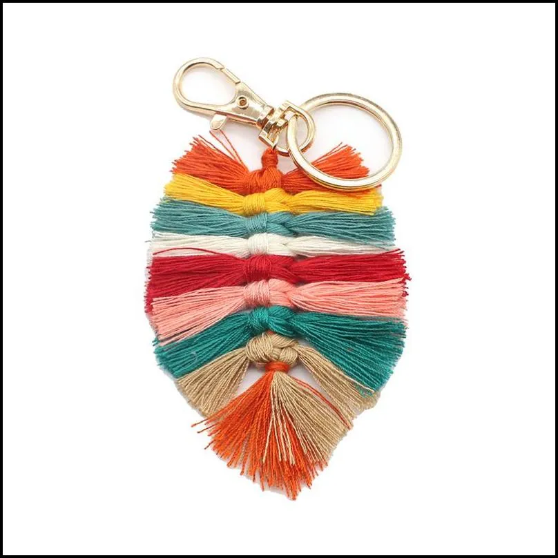 leaf weaving rainbow keychains for women boho handmade key holder keyring macrame bag charm car hanging jewelry 6 colors dhs