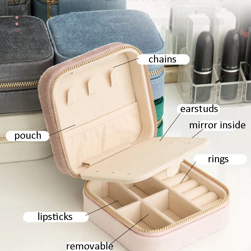 10x10x velvet jewelry organizer display jewelry case boxes with zipper travel ring box necklace ring storage case women girls gift boxes amp bags