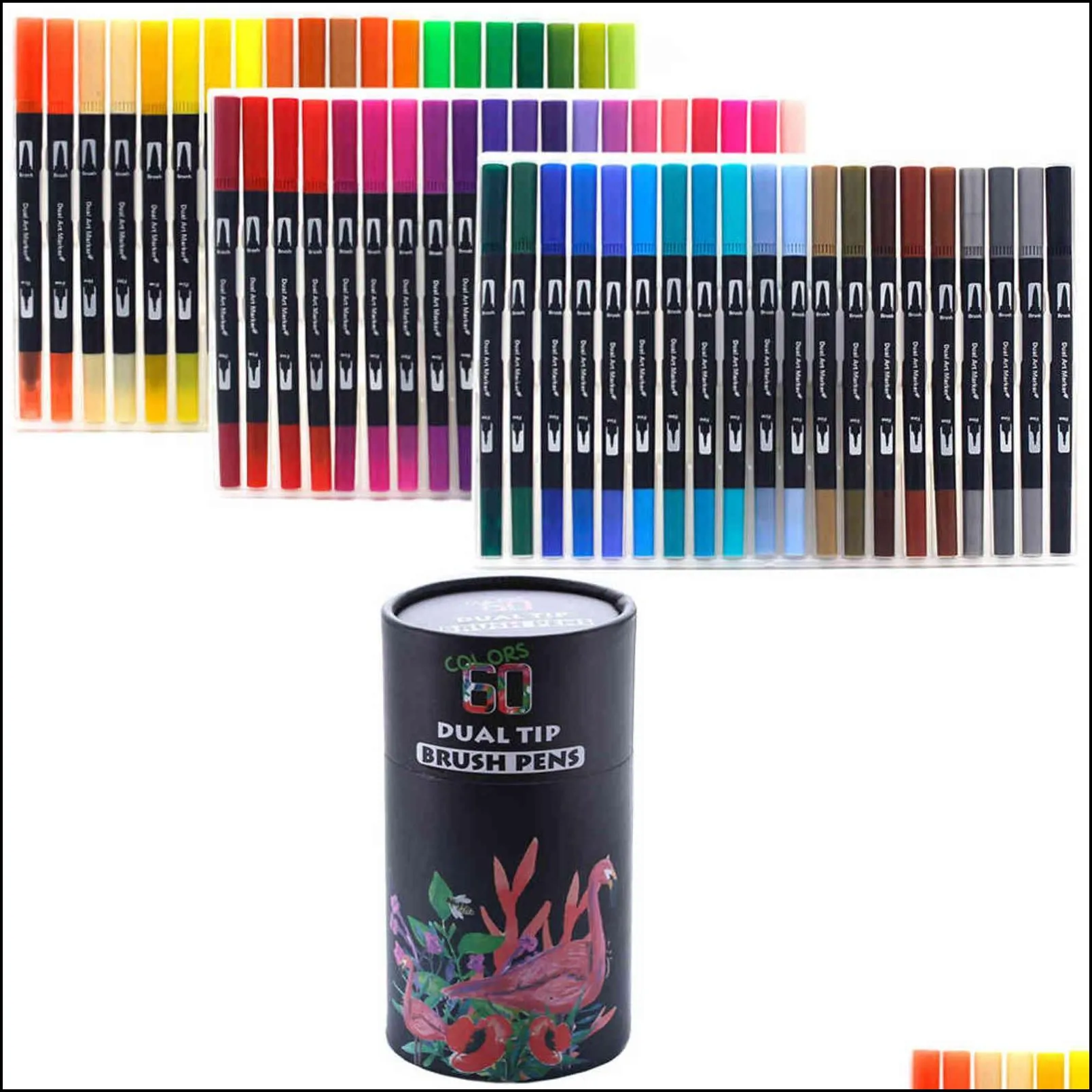 24/60 colorurs fineliner tip drawing markers dual art marker watercolor brush lettering pen for coloring books manga 211104