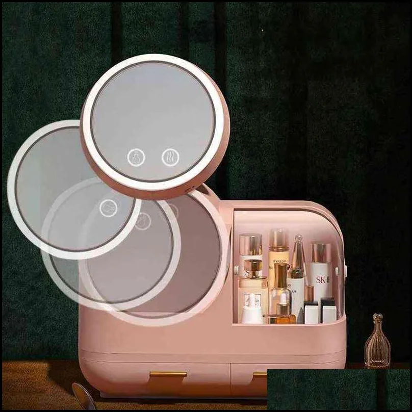 high quality makeup storage case led light with fan make up organizer drawer desktop skincare lipstick cosmetic beauty box 211102