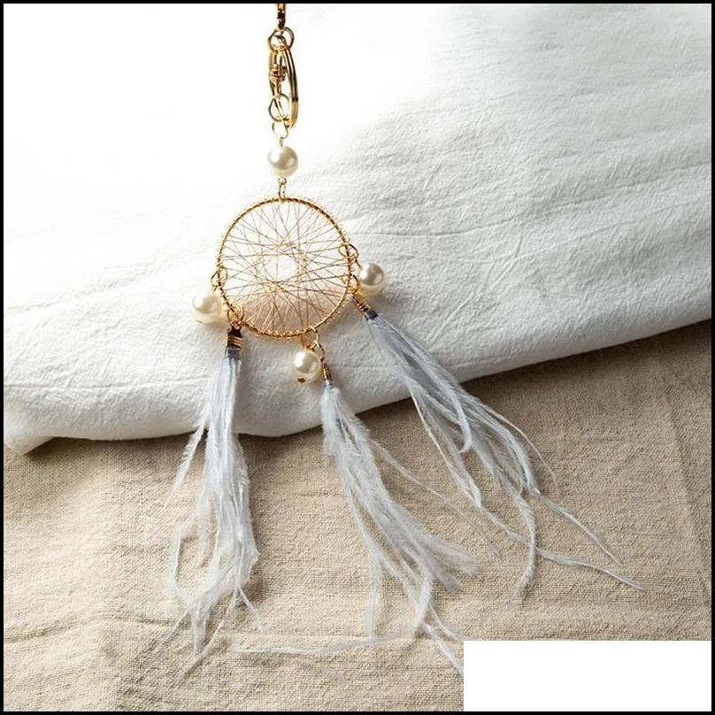 dhs pearl feather key chains holder dreamcatcher pendants car keychain keyrings for girls women bag hanging fashion charm key rings