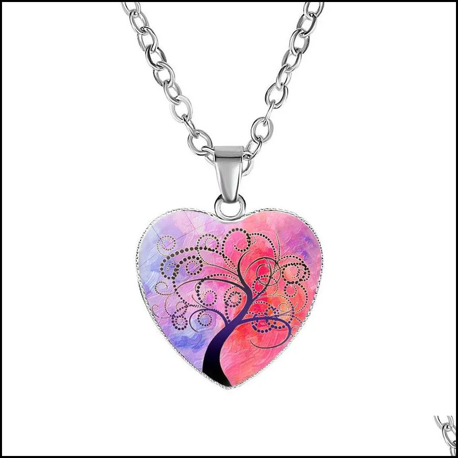 new tree of life necklaces for women glass cabochon heart shape plant pendant silver chains fashion jewelry gift