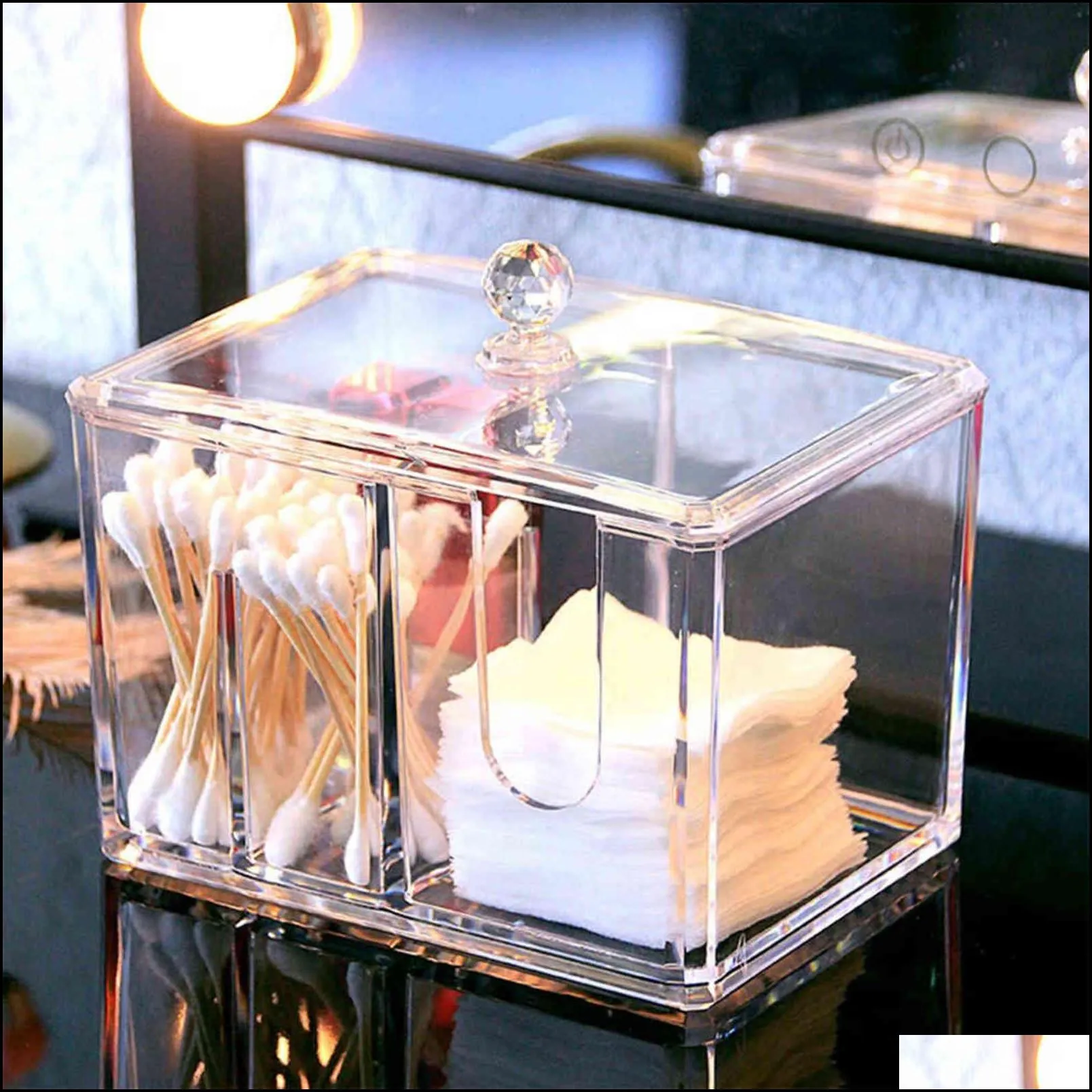 feiqiong acrylic cotton swab makeup box portable clear make up container pad holder cosmetics organizer storage 211102