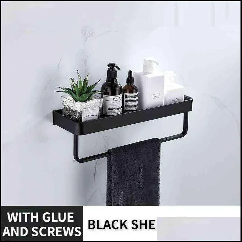 bathroom black shelf with towel bar space aluminum shelves rack hook shampoo holder kitchen storage 3060 cm 211102