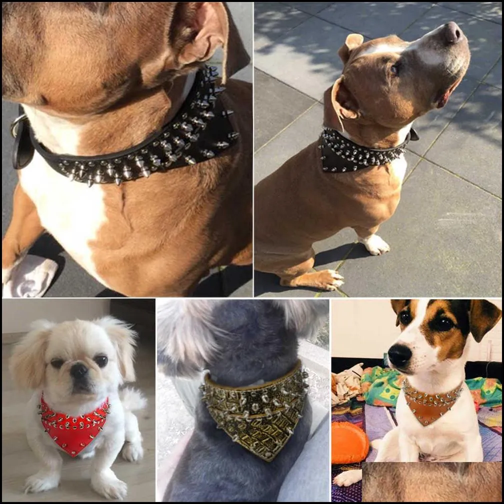 2 wide pet dog bandana collars leather spiked studded collar scarf neckerchief fit for medium large s pitbull boxer 211022