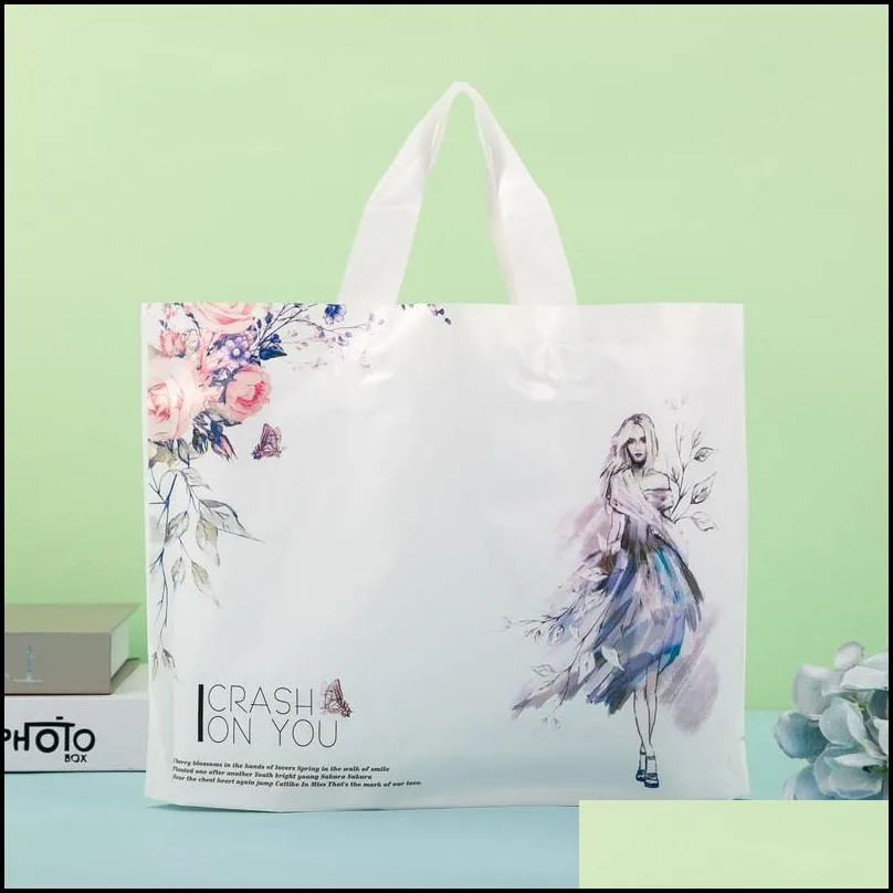 50pcs thicker large plastic bag simple and  with handles clothing store shopping wedding gift jewelry packaging 220427