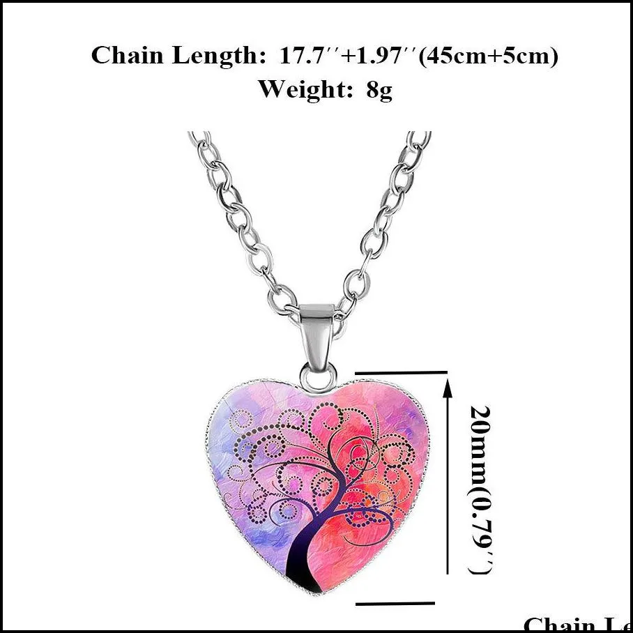 new tree of life necklaces for women glass cabochon heart shape plant pendant silver chains fashion jewelry gift