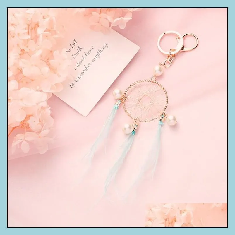 dhs pearl feather key chains holder dreamcatcher pendants car keychain keyrings for girls women bag hanging fashion charm key rings