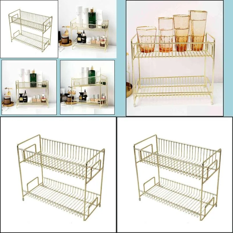 2 layers metal cosmetics storage rack bathroom makeup organizer kitchen seasoning iron shelves box 211102