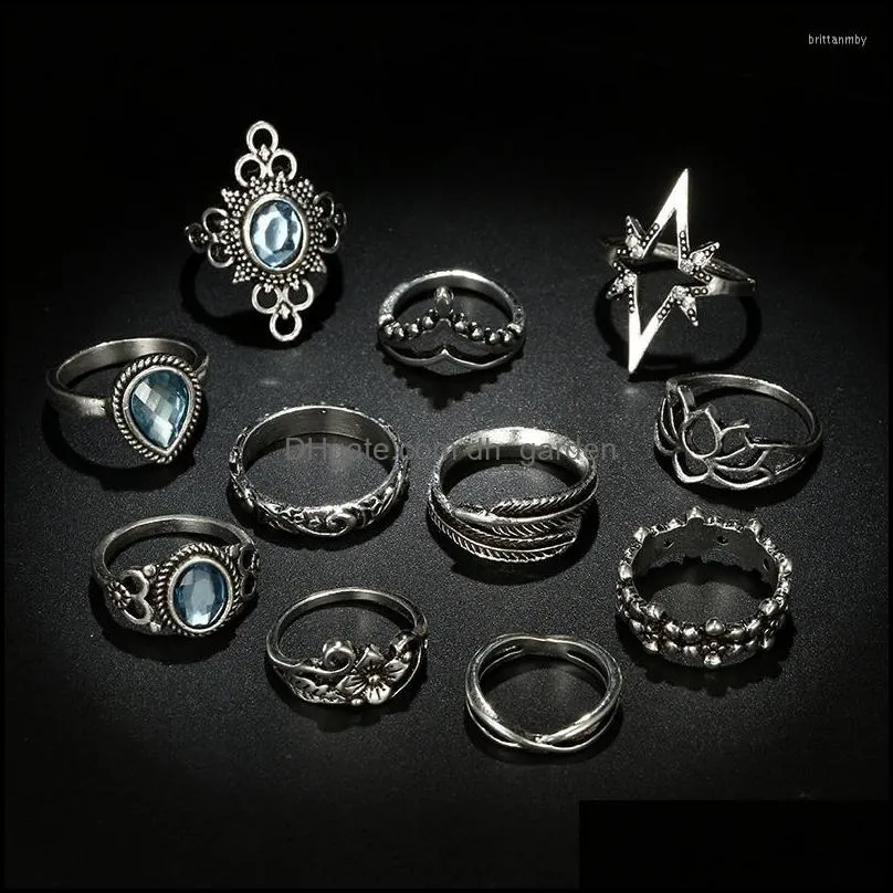 cluster rings vintage silver big star for women boho geometric flower crystal knuckle ring set bohemian midi finger jewelry