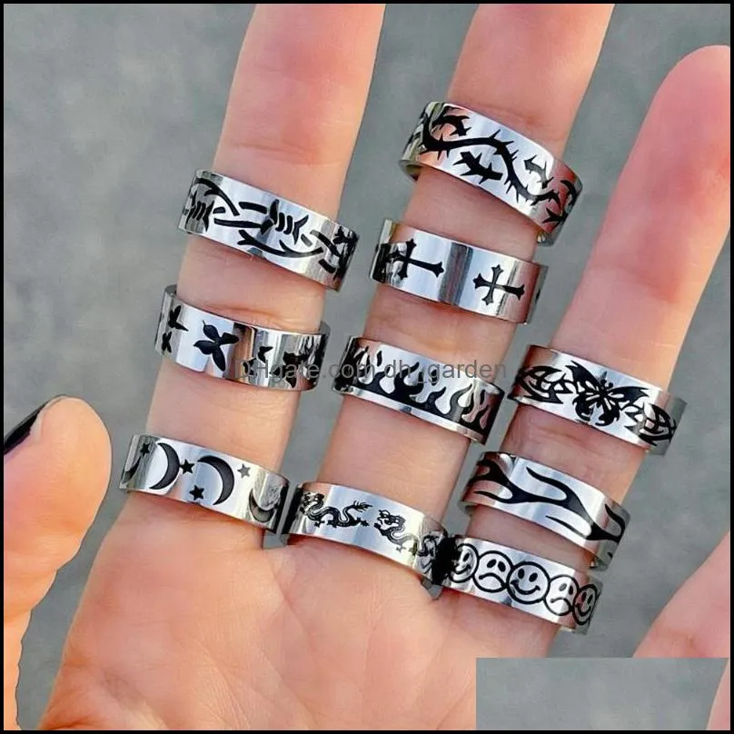 cluster rings ins hiphop punk stainless steel butterfly flame ring vintage gothic star cross for women men couple fashion jewelrycluster