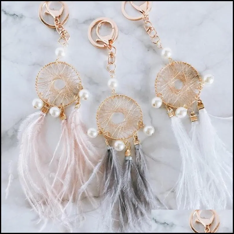 dhs pearl feather key chains holder dreamcatcher pendants car keychain keyrings for girls women bag hanging fashion charm key rings