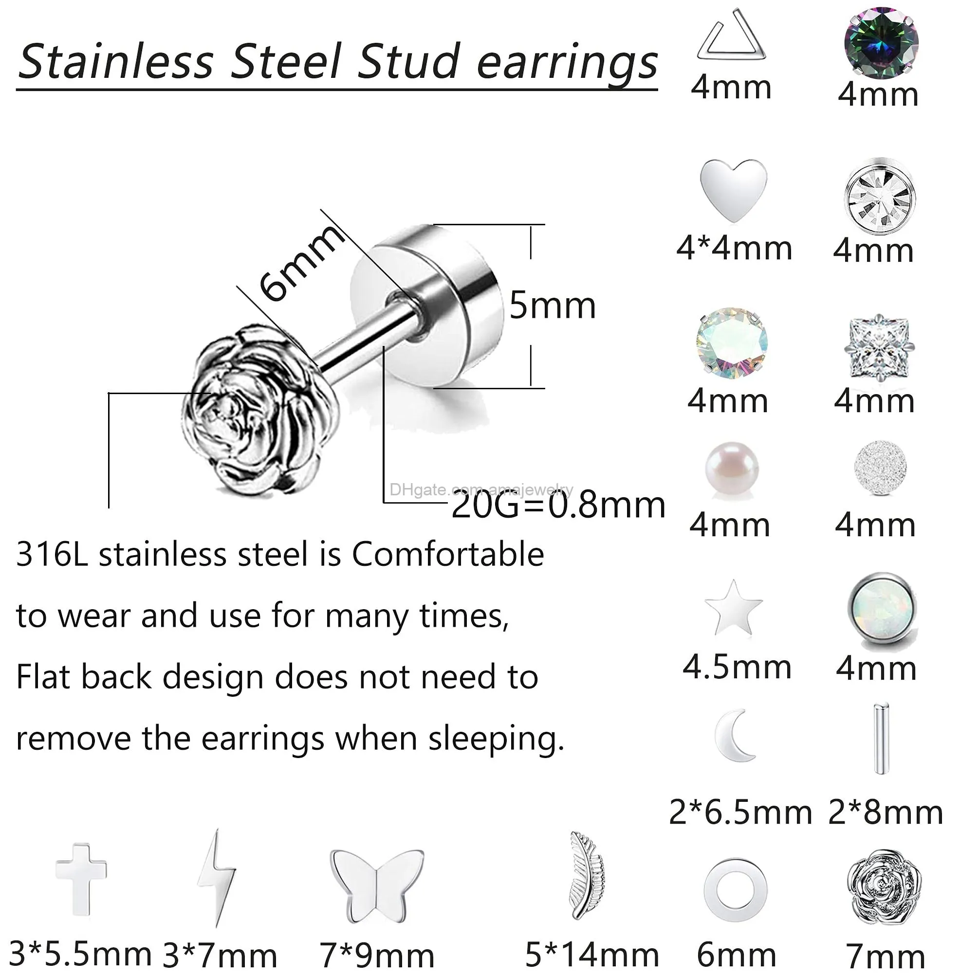 stainless steel stud earrings set for women men star moon flower heart leaf opal 20g cartilage earrings hypoallergenic flatback earrings piercing jewelry