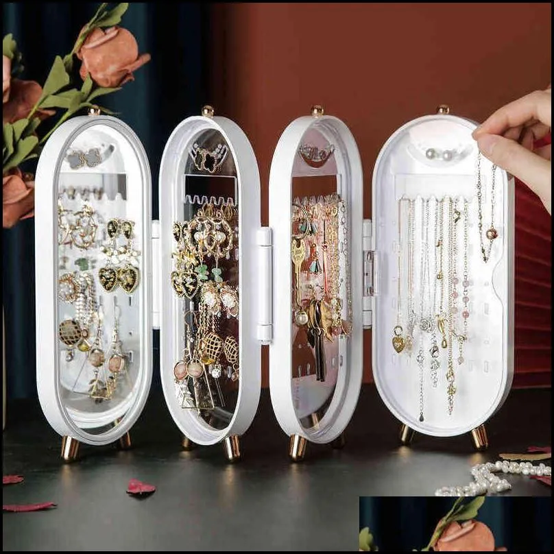 foldable jewelry storage box earring organizer display stand 4 doors screen necklace rack for earrings 211102