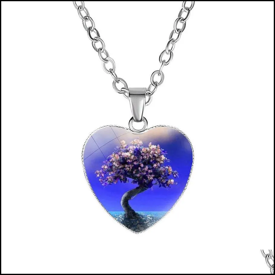 new tree of life necklaces for women glass cabochon heart shape plant pendant silver chains fashion jewelry gift