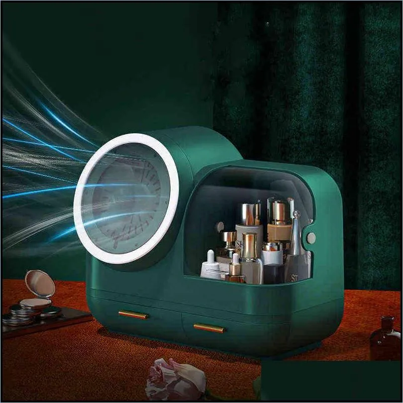 high quality makeup storage case led light with fan make up organizer drawer desktop skincare lipstick cosmetic beauty box 211102