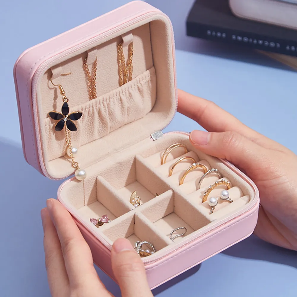 portable jewelry storage box organizer display travel jewelry zipper case box earrings necklace rings jewelry box