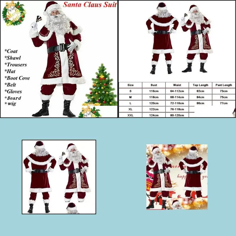 christmas decorations deluxe velvet santa claus suit adult mens costume gloves shawl hat tops belt foot cover gloves cosplay