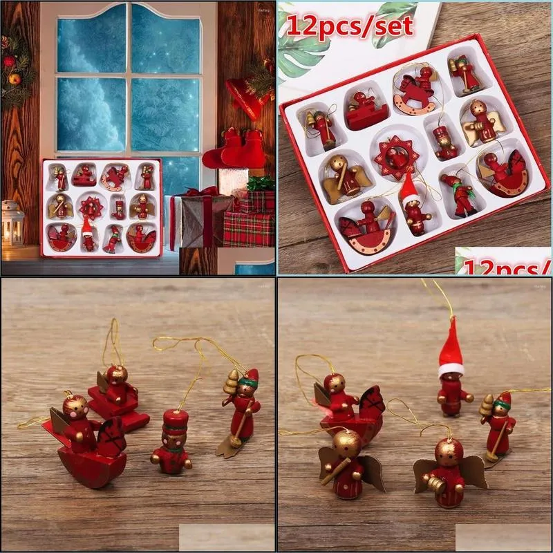 12pcs /set christmas decorations wooden miniature ornaments tree hanging pendants year gift toy for kid home party decor