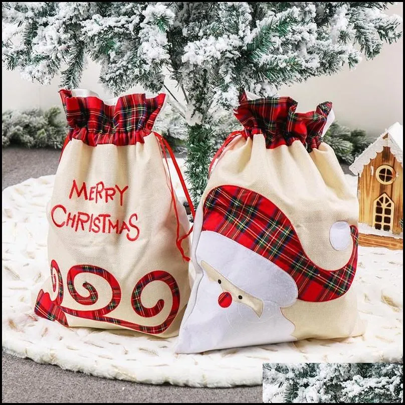 linen santa sack christmas gift bag red plaid drawstring tote bags festival decoration