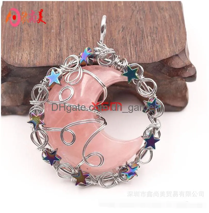pendant necklaces star moon bronze tree of life crescent moon shape pink amethysts stone crystal wire wrap handmade for 
