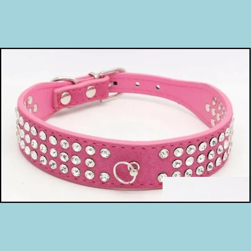 length suede skin jeweled rhinestones pet dog collars three rows sparkly crystal diamonds studded puppy collar