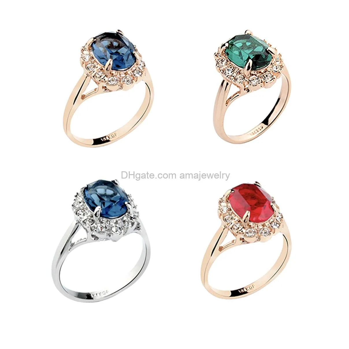 rose gold plated oval shaped gem style ring with sapphire blue swarovski element crystal and clear round shaped cubic zirconia fashion jewelry for women