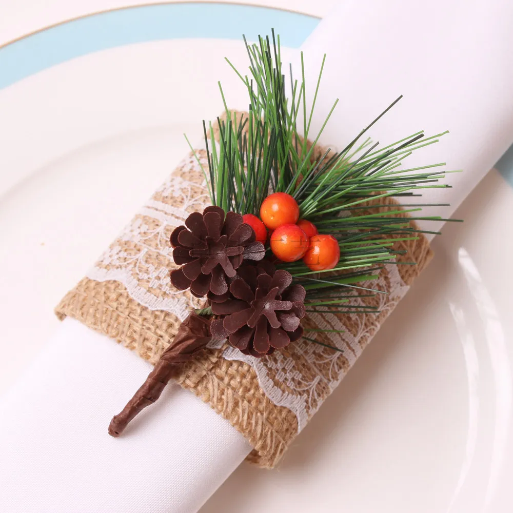 christmas jute pine needle napkin ring red berries cedar jute napkin buckle pine cone dining kitchen party table decor