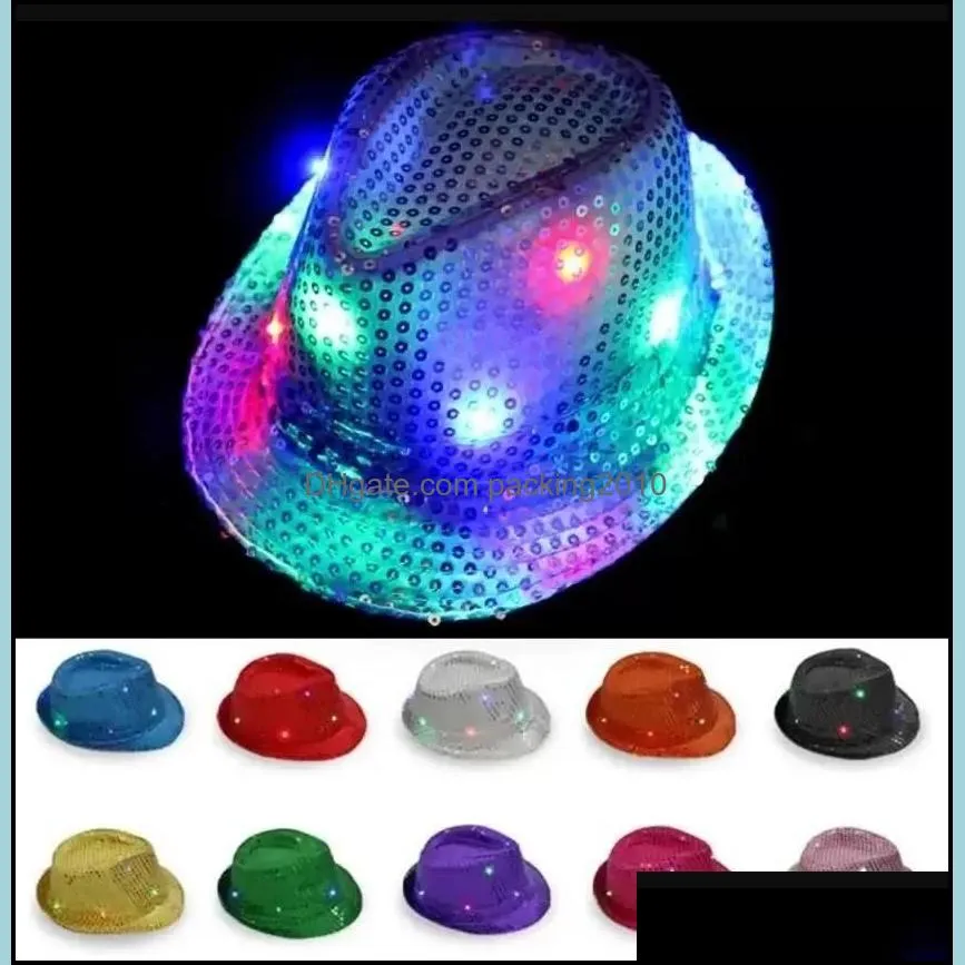 led jazz party hats flashing light up led fedora trilby sequins caps dress dance hats unisex hip hop lamp luminous hat