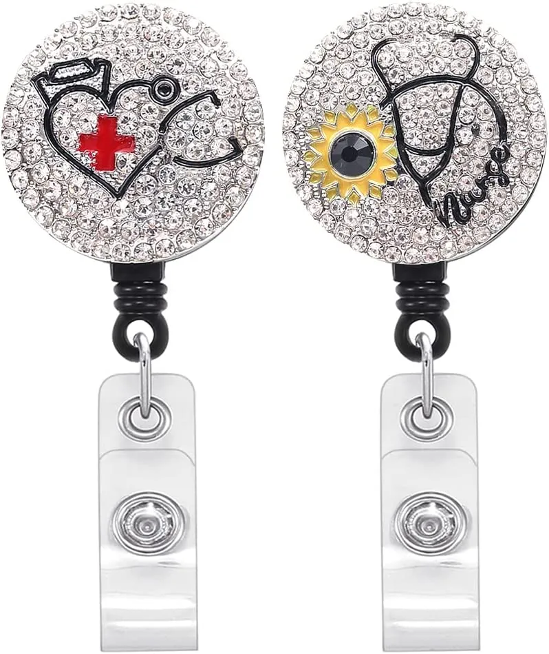 crystal diamond shining stone nurse badge reels heavy duty retractable aligator clip id holder for student doctor